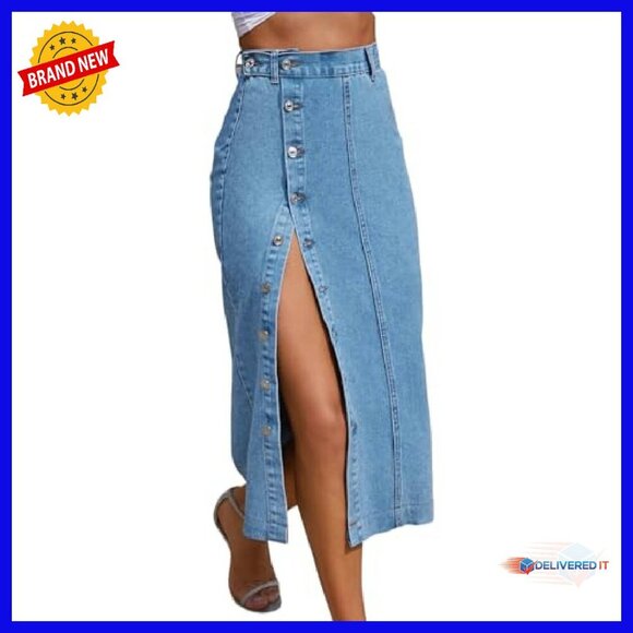 High Waisted Denim Midi Skirt Button Front Slit Women's Casual - Picture 2 of 6